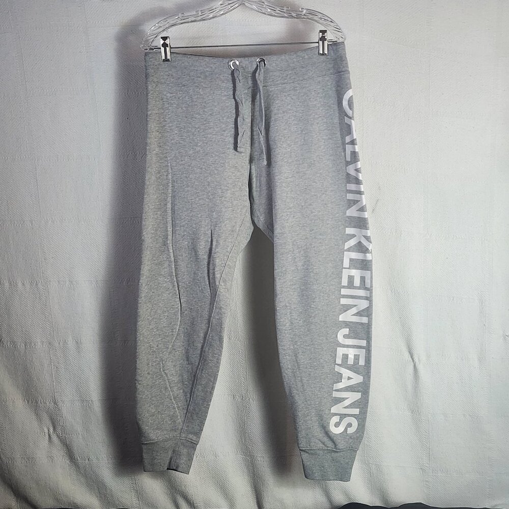 Calvin Klein Jeans Grey White Logo Cotton Poly Pull On Drawstring Joggers Size M